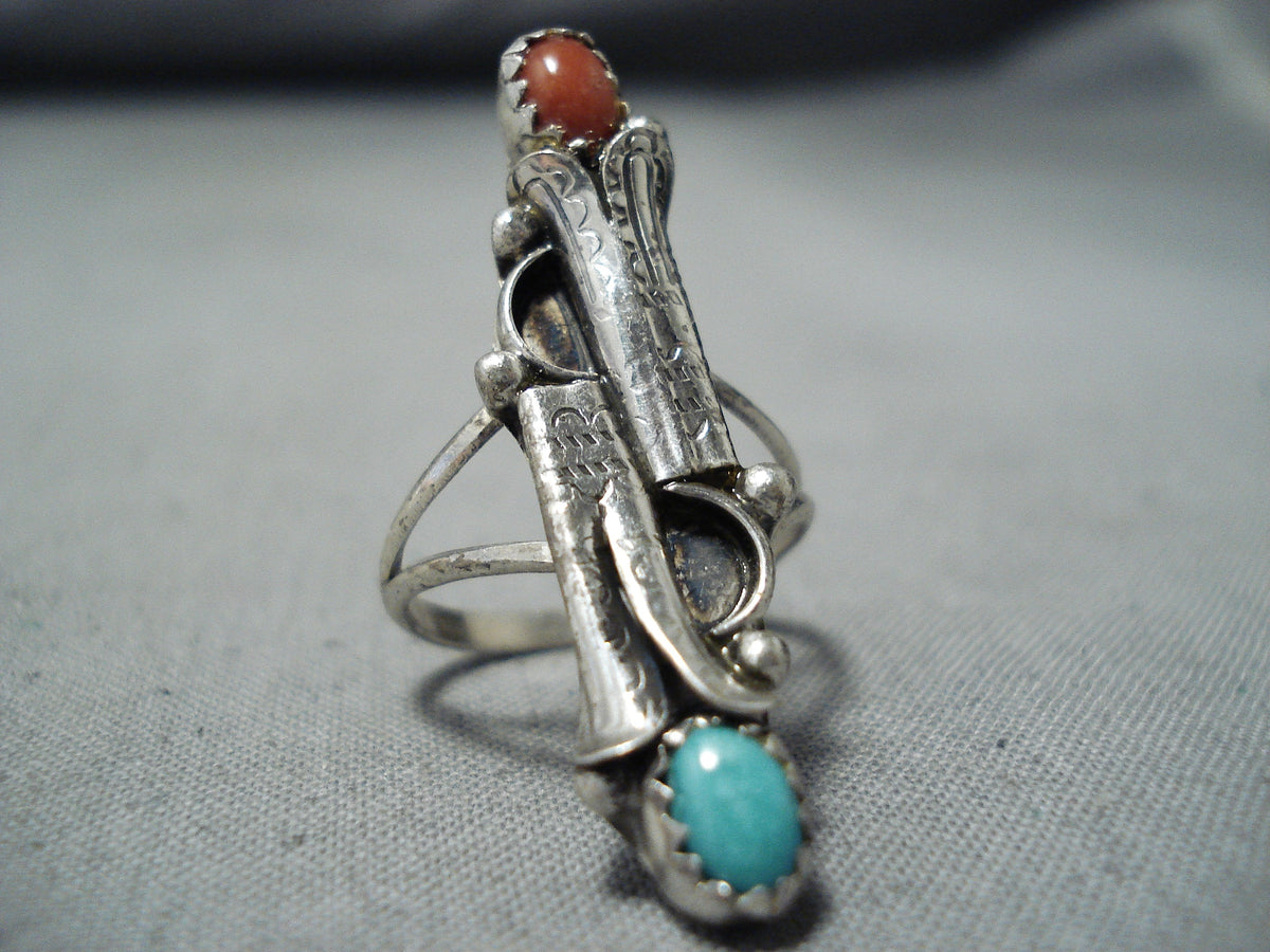 Old Native Rings Incredible Vintage Native American Navajo Turquoise Coral Sterling Sil ...