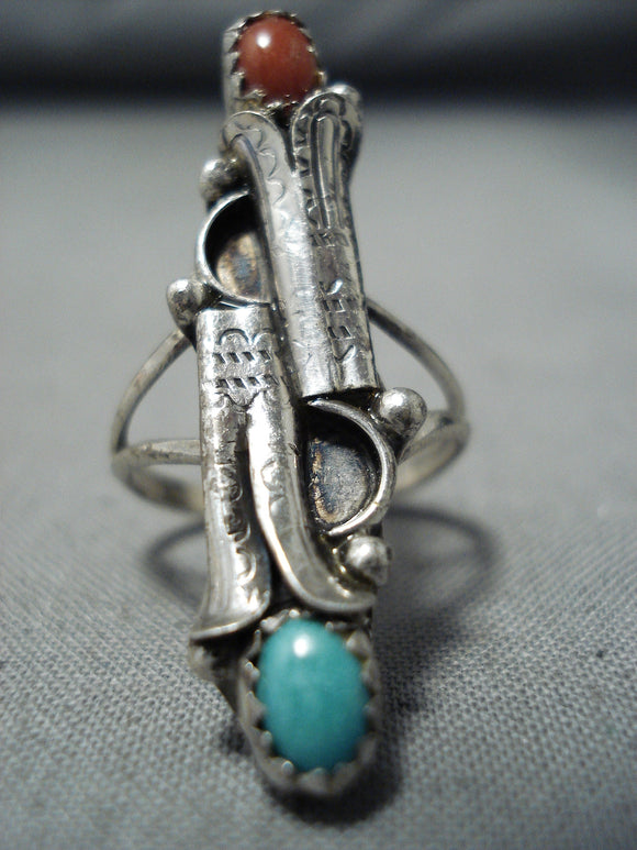 Incredible Vintage Native American Navajo Turquoise Coral Sterling Silver Ring-Nativo Arts
