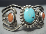 Incredible Vintage Native American Navajo Turquoise Coral Sterling Silver Zig Zag Bracelet-Nativo Arts