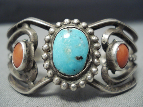 Incredible Vintage Native American Navajo Turquoise Coral Sterling Silver Zig Zag Bracelet-Nativo Arts