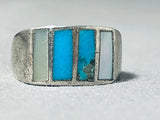 Incredible Vintage Native American Navajo Turquoise Sterling Silver Inlay Ring Old-Nativo Arts