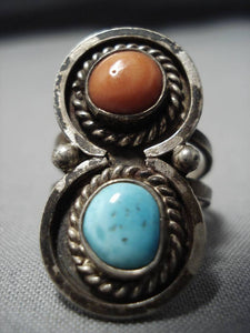 Incredible Vintage Navajo Turquoise Coral Sterling Silver Native American Ring-Nativo Arts