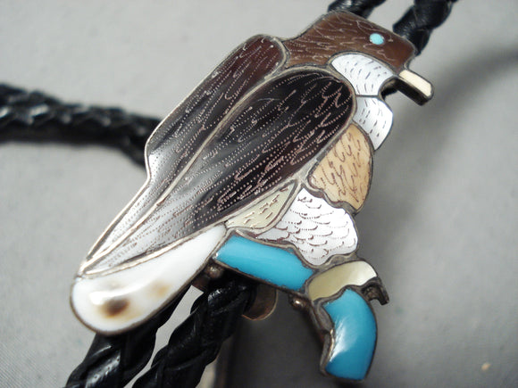 Incredibly Detailed Vintage Native American Navajo Turquoise Eagle Sterling Silver Bolo Tie-Nativo Arts