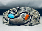 Intricate Bear Native American Navajo Turquoise Coral Sterling Silver Bracelet-Nativo Arts