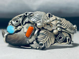 Intricate Bear Native American Navajo Turquoise Coral Sterling Silver Bracelet-Nativo Arts