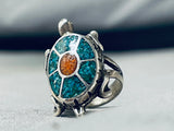 Intricate Dancing Turtle Vintage Native American Navajo Turquoise Sterling Silver Ring-Nativo Arts