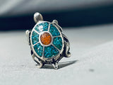 Intricate Dancing Turtle Vintage Native American Navajo Turquoise Sterling Silver Ring-Nativo Arts