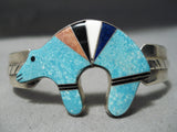 Intricate!! Detailed Vintage Native American Navajo Turquoise Bear Sterling Silver Bracelet-Nativo Arts