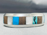 Intricate Thicker Vintage Native American Navajo Turquoise Wood Sterling Silver Bracelet-Nativo Arts
