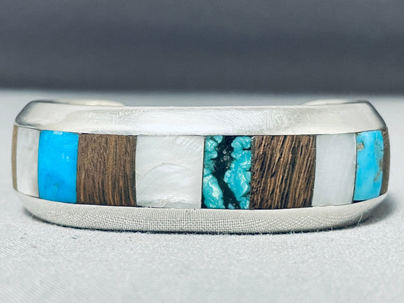 Intricate Thicker Vintage Native American Navajo Turquoise Wood Sterling Silver Bracelet-Nativo Arts