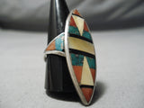 Intricate! Vintage Native American Navajo Green Turquoise Coral Sterling Silver Ring Old-Nativo Arts