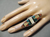 Intricate! Vintage Native American Navajo Green Turquoise Coral Sterling Silver Ring Old-Nativo Arts