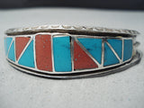 Intricate Vintage Native American Navajo Turquoise Coral Inlay Stelring Silver Bracelet Old-Nativo Arts