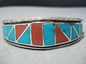 Intricate Vintage Native American Navajo Turquoise Coral Inlay Stelring Silver Bracelet Old-Nativo Arts