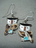 Intricate Vintage Native American Zuni Owl Turquoise Coral Sterling Silver Earrings-Nativo Arts