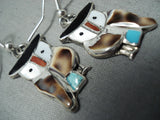 Intricate Vintage Native American Zuni Owl Turquoise Coral Sterling Silver Earrings-Nativo Arts