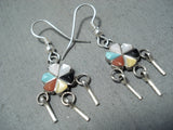 Intricate Women's Vintage Native American Zuni Turquoise Inlay Sterling Silver Earrings-Nativo Arts