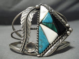 Intricate Work!! Vintage Native American Navajo Turquoise Sterling Silver Long Leaf Bracelet Old-Nativo Arts