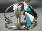 Intricate Work!! Vintage Native American Navajo Turquoise Sterling Silver Long Leaf Bracelet Old-Nativo Arts