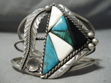 Intricate Work!! Vintage Native American Navajo Turquoise Sterling Silver Long Leaf Bracelet Old-Nativo Arts