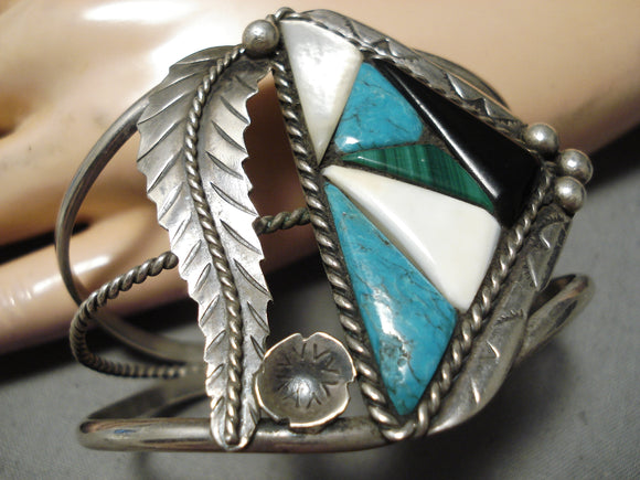 Intricate Work!! Vintage Native American Navajo Turquoise Sterling Silver Long Leaf Bracelet Old-Nativo Arts