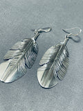 Intricately Hand Carved Vintage Native American Navajo Sterling Silver Feather Earrings-Nativo Arts