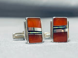 Johnny Charley Vintage Native American Navajo Carnelian Sterling Silver Cufflinks-Nativo Arts