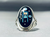 Kenny Bitsie Native American Navajo Jet Sterling Silver Ring Signed-Nativo Arts