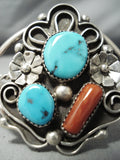 Lady's Vintage Native American Navajo Turquoise Coral Sterling Silver Flower Bracelet-Nativo Arts