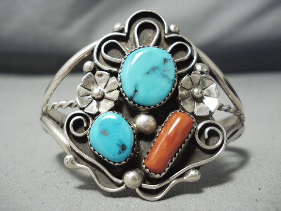 Lady's Vintage Native American Navajo Turquoise Coral Sterling Silver Flower Bracelet-Nativo Arts