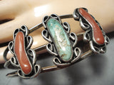 Long Coral Vintage Native American Navajo Royston Turquoise Sterling Silver Bracelet Old-Nativo Arts