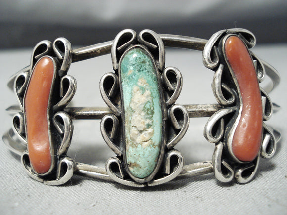 Long Coral Vintage Native American Navajo Royston Turquoise Sterling Silver Bracelet Old-Nativo Arts
