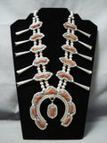 Long Flute Vintage Native American Navajo Coral Sterling Silver Squash Blossom Necklace-Nativo Arts