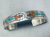 Long Yei Vintage Native American Navajo Turquoise Coral Sterling Silver Bracelet Old-Nativo Arts