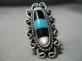 Magnificent Vintage Native American Navajo Inlay Turquoise Jet Sterling Silver Ring-Nativo Arts