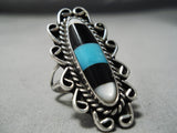 Magnificent Vintage Native American Navajo Inlay Turquoise Jet Sterling Silver Ring-Nativo Arts