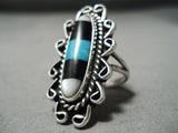 Magnificent Vintage Native American Navajo Inlay Turquoise Jet Sterling Silver Ring-Nativo Arts