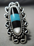 Magnificent Vintage Native American Navajo Inlay Turquoise Jet Sterling Silver Ring-Nativo Arts