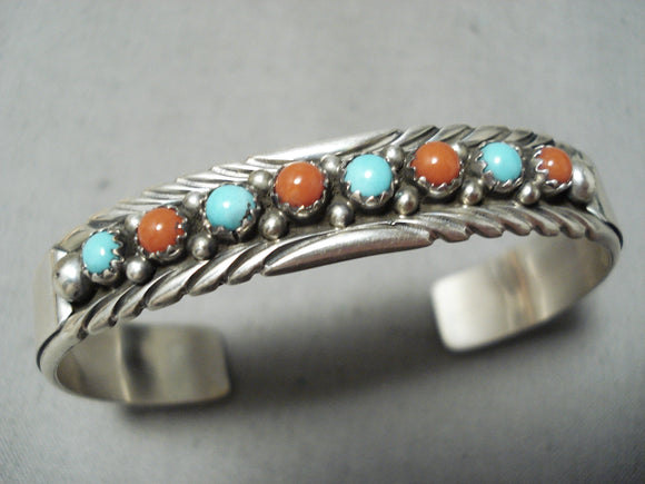 Mark James Vintage Native American Navajo Turquoise Coral Snake Eye Sterling Silver Bracelet-Nativo Arts