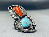 Marvelous Vintage Native American Navajo Coral And Kingman Turquoise Sterling Silver Ring-Nativo Arts
