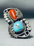Marvelous Vintage Native American Navajo Coral And Kingman Turquoise Sterling Silver Ring-Nativo Arts