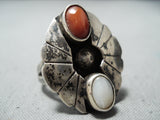 Marvelous Vintage Native American Navajo Coral, Mother Of Pearl Sterling Silver Ring Old-Nativo Arts