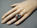 Marvelous Vintage Native American Navajo Coral, Mother Of Pearl Sterling Silver Ring Old-Nativo Arts