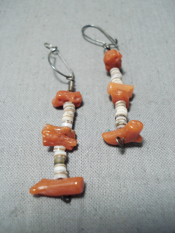 Marvelous Vintage Native American Navajo Coral Sterling Silver Earrings Old-Nativo Arts