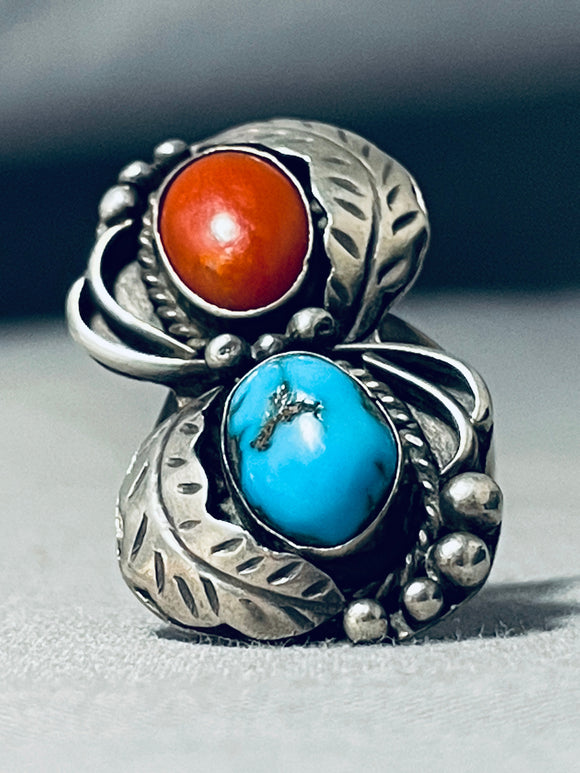 Marvelous Vintage Native American Navajo Morenci Turquoise & Coral Sterling Silver Ring-Nativo Arts