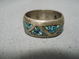 Marvelous Vintage Native American Navajo Turquoise Chip Inlay Sterling Silver Ring Old-Nativo Arts