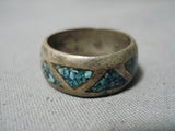 Marvelous Vintage Native American Navajo Turquoise Chip Inlay Sterling Silver Ring Old-Nativo Arts