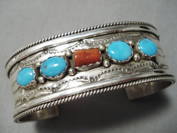 Marvelous Vintage Native American Navajo Turquoise Chunk Coral Sterling Silver Bracelet-Nativo Arts