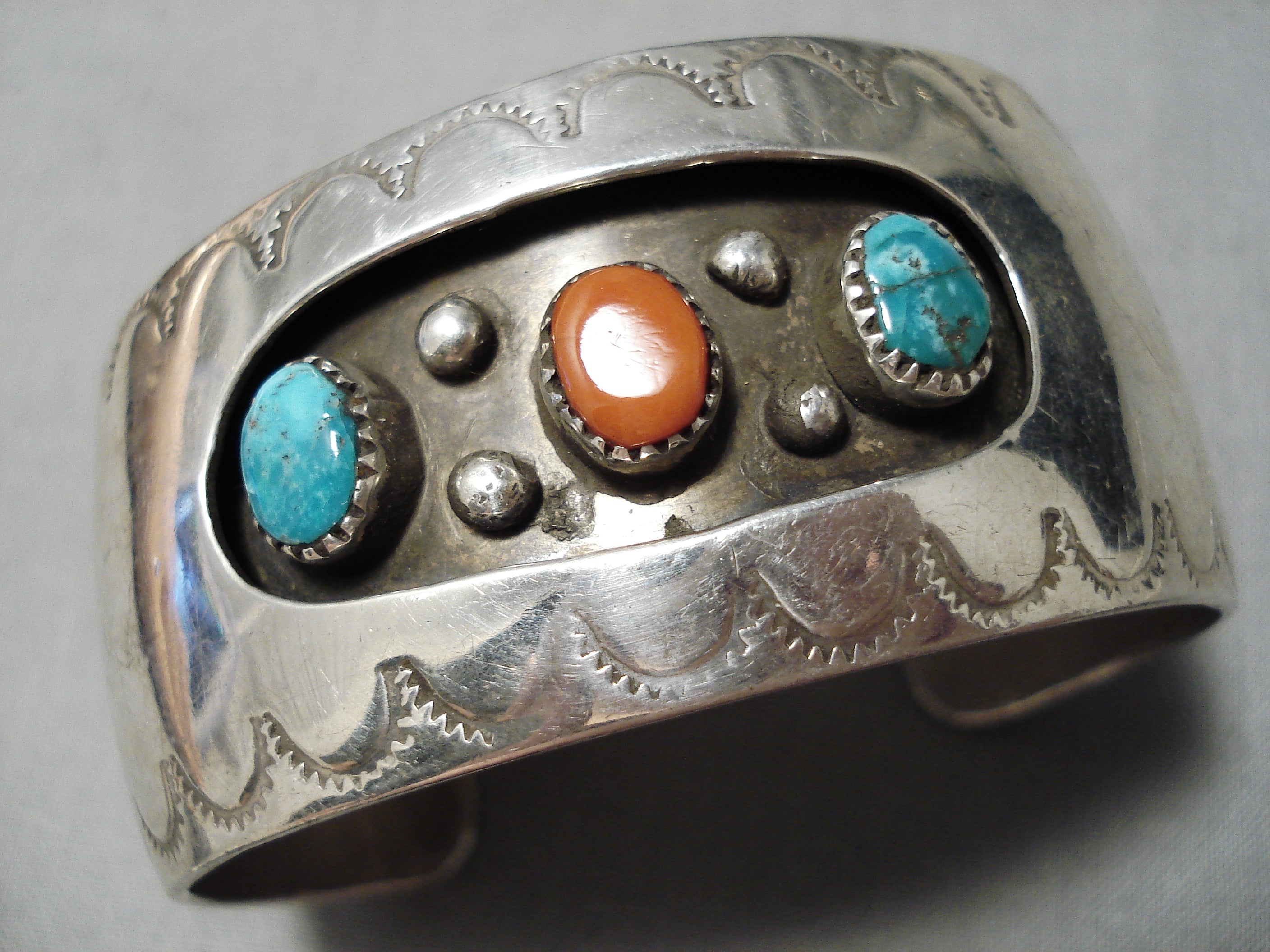 Navajo/Vintage ブレスレット Detailed Vintage Native American Navajo Turquoise Coral Sterling