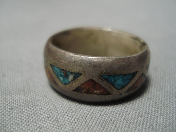 Marvelous Vintage Native American Navajo Turquoise Coral Sterling Silver Inlay Ring Old-Nativo Arts